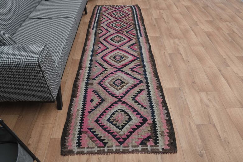 Pink Gray Handmade Runner Rug