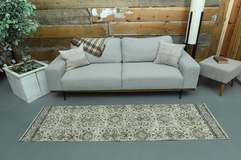 2x8, Beige Floral Turkish Oushak Runner