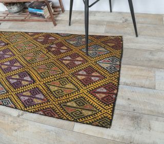 3x7 Vintage Handwoven Geometric Runner Rug - Thumbnail