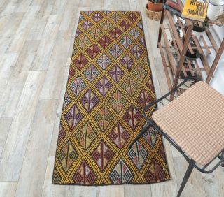 3x7 Vintage Handwoven Geometric Anatolian Runner Rug - Thumbnail