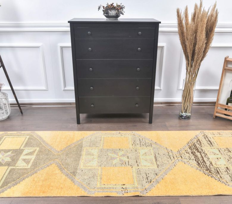 Vintage Faded Yellow Runner Rug