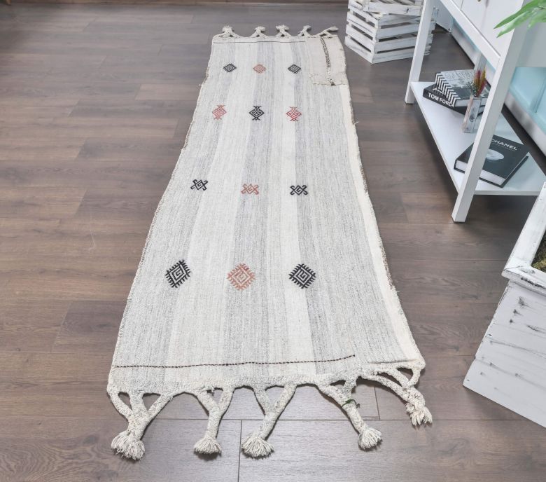 Vintage White Kilim Runner Rug