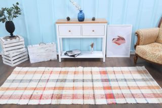 White Kilim Vintage Runner Rug - Thumbnail