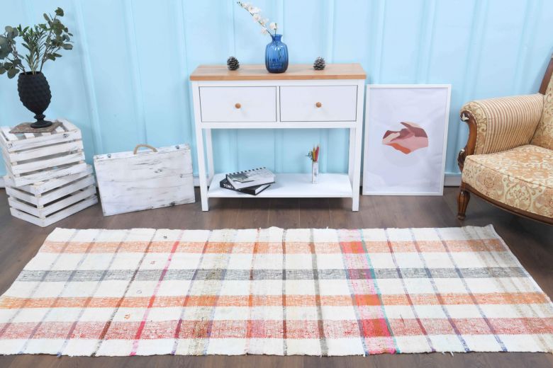 White Kilim Vintage Runner Rug