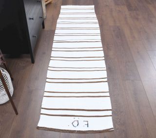 Boho White Striped Vintage Runner Rug - Thumbnail