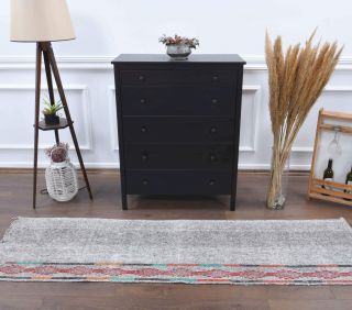 Gray Ethnic Vintage Runner Rug - Thumbnail