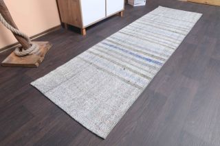 Gray Flatweave Kilim Vintage Runner Rug - Thumbnail