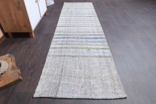 Gray Flatweave Kilim Vintage Runner Rug - Thumbnail