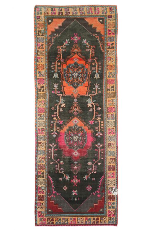 Folk Art Unique Vintage Runner Rug - Turkish Historic Motifs