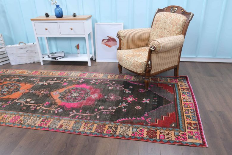 Folk Art Unique Vintage Runner Rug - Turkish Historic Motifs