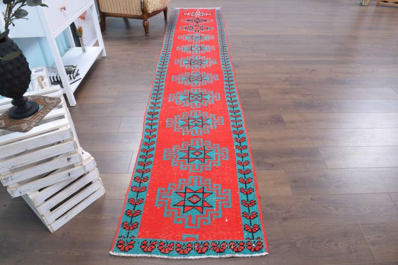 Vibrant Red Anatolian Vintage Runner Rug