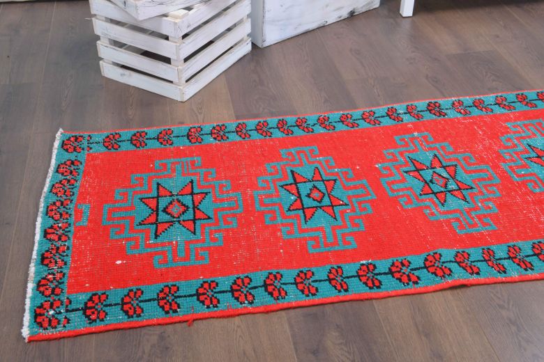 Vibrant Red Anatolian Vintage Runner Rug