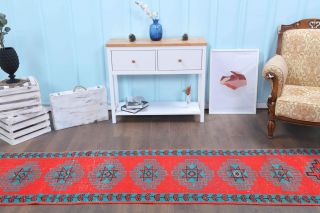 Vibrant Red Anatolian Vintage Runner Rug - Thumbnail