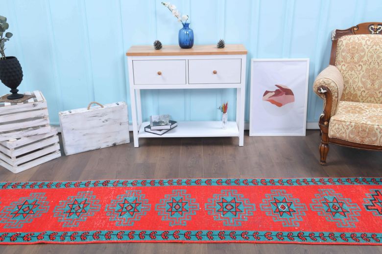 Vibrant Red Anatolian Vintage Runner Rug