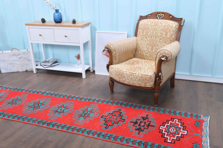 Vibrant Red Anatolian Vintage Runner Rug