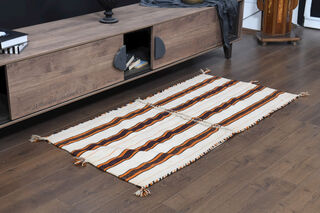 White Striped Flatweave Carpet - Thumbnail