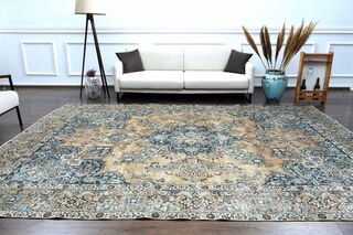 Orange & Navy Vintage Turkish Area Rug - Thumbnail