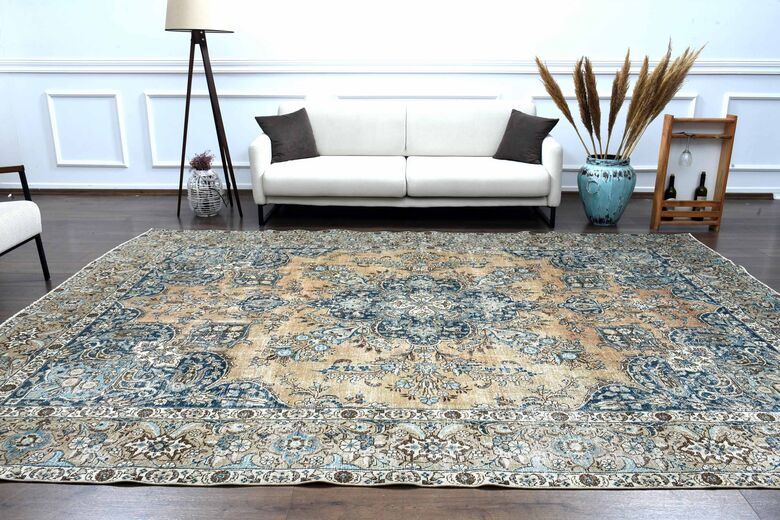 Orange & Navy Vintage Turkish Area Rug