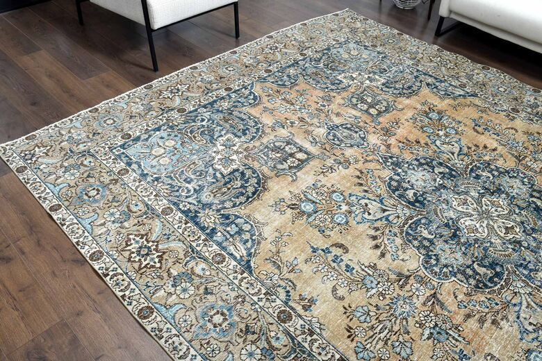 Orange & Navy Vintage Turkish Area Rug