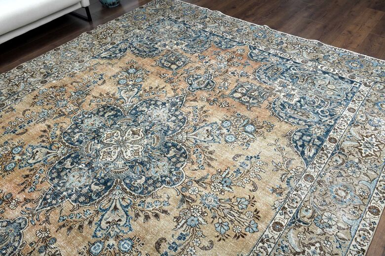 Orange & Navy Vintage Turkish Area Rug