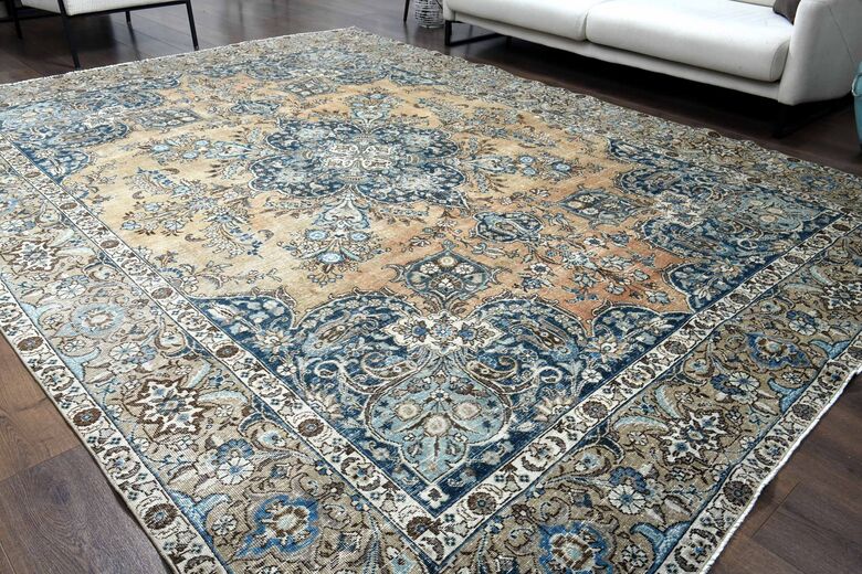 Orange & Navy Vintage Turkish Area Rug