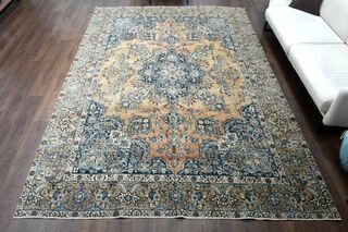 Orange & Navy Vintage Turkish Area Rug - Thumbnail