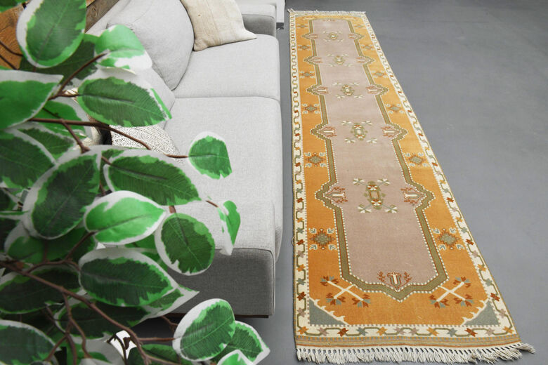 Faded Yellow Handmade Oushak Runner Rug