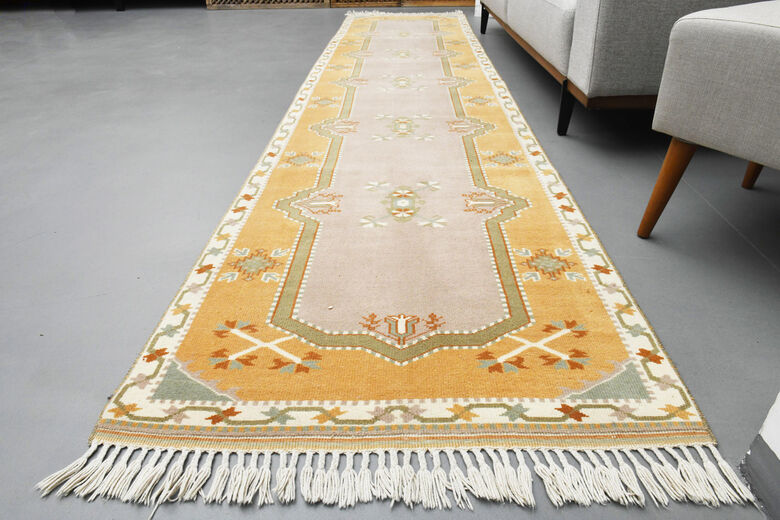 Faded Yellow Handmade Oushak Runner Rug