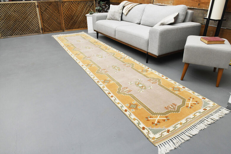 Faded Yellow Handmade Oushak Runner Rug