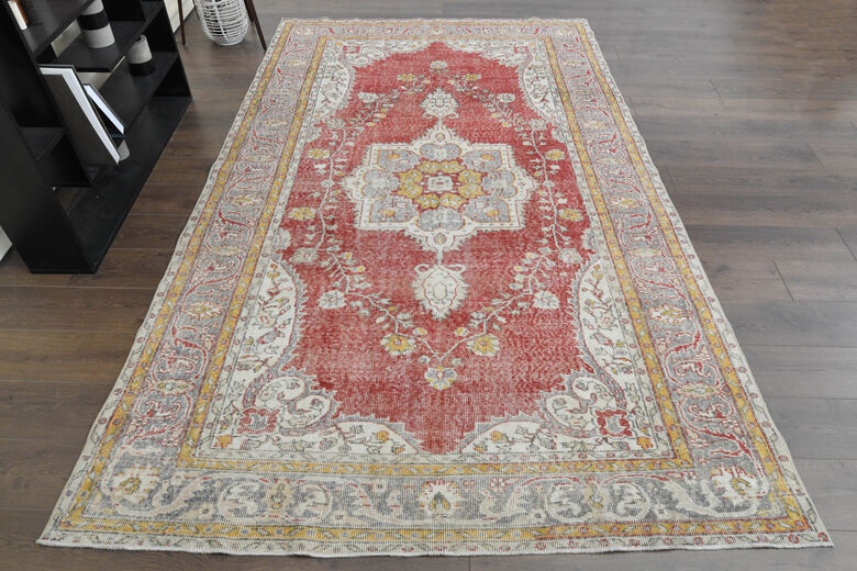 Red Beige Vintage Oushak Carpet