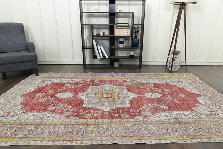 Red Beige Vintage Oushak Carpet