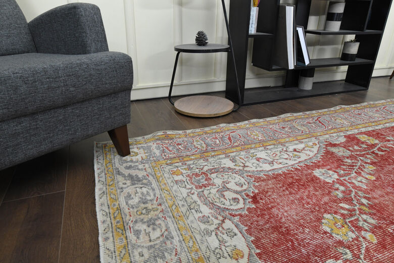 Red Beige Vintage Oushak Carpet
