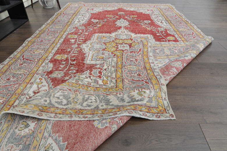Red Beige Vintage Oushak Carpet