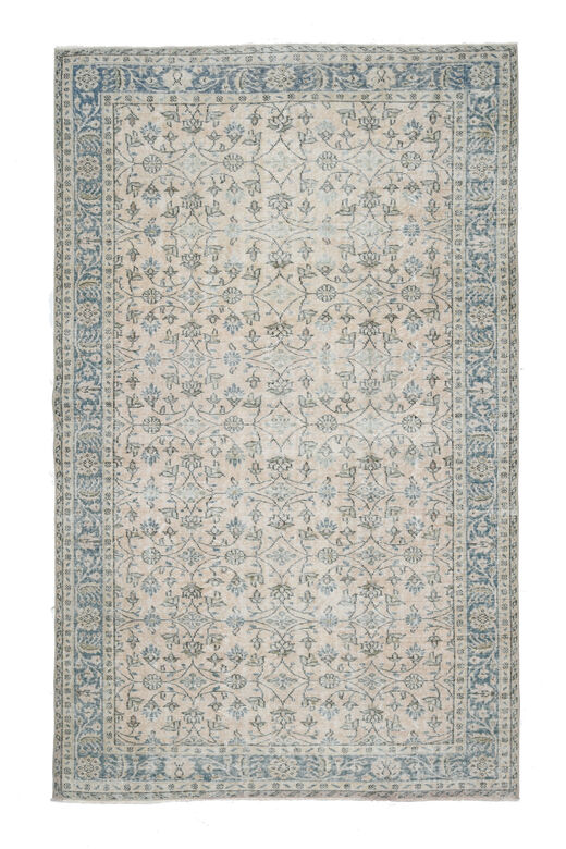 Beige Blue Floral Vintage Turkish Rug