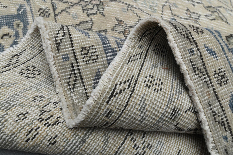 Beige Blue Floral Vintage Turkish Rug