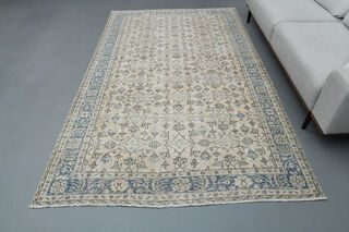 Beige Blue Floral Vintage Turkish Rug - Thumbnail
