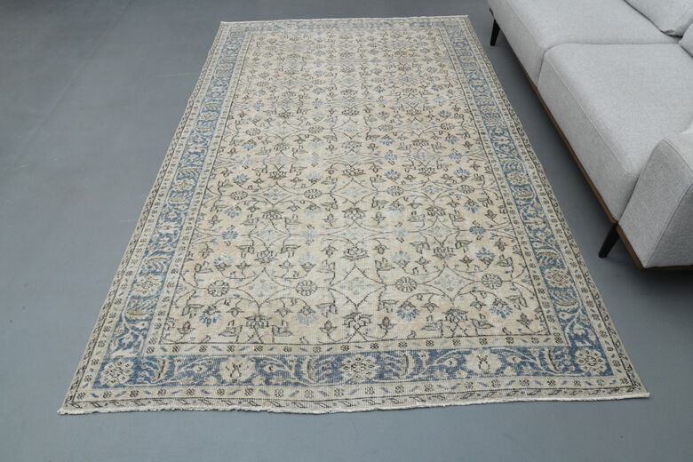 Beige Blue Floral Vintage Turkish Rug
