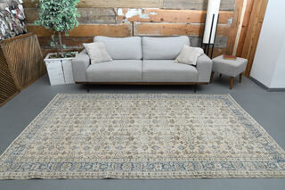 Beige Blue Floral Vintage Turkish Rug - Thumbnail