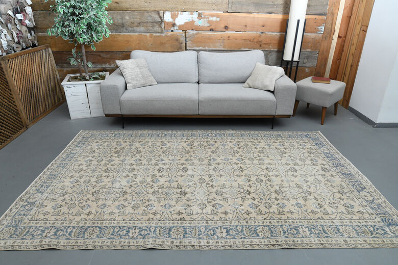 Beige Blue Floral Vintage Turkish Rug