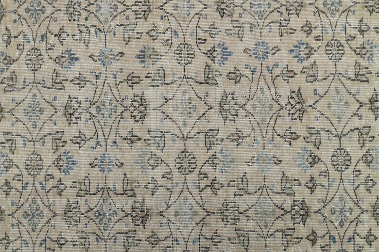 Beige Blue Floral Vintage Turkish Rug