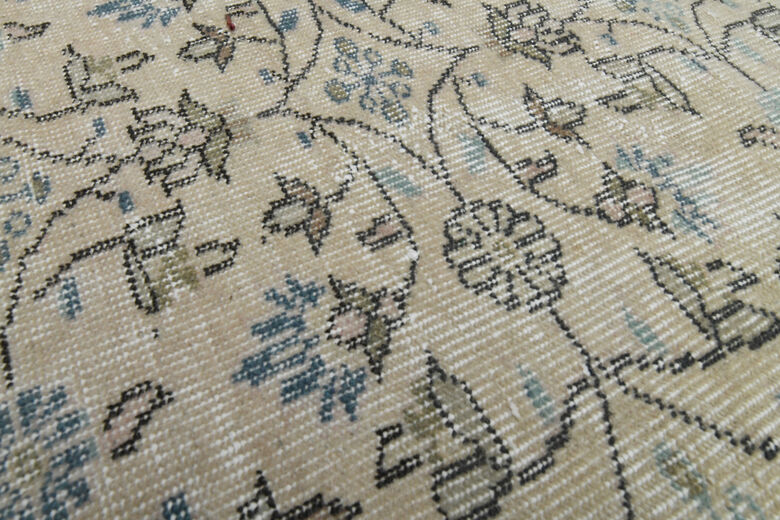 Beige Blue Floral Vintage Turkish Rug