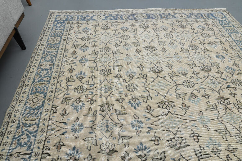 Beige Blue Floral Vintage Turkish Rug