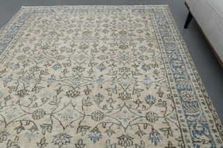 Beige Blue Floral Vintage Turkish Rug - Thumbnail