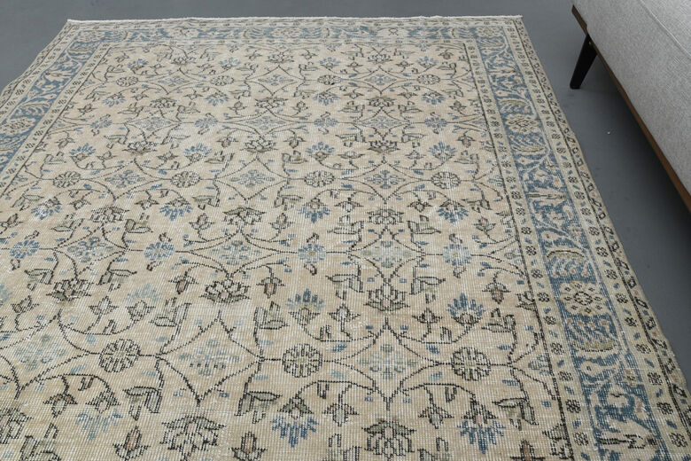 Beige Blue Floral Vintage Turkish Rug