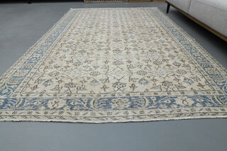 Beige Blue Floral Vintage Turkish Rug - Thumbnail