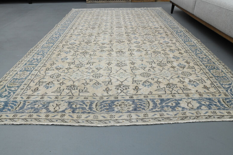 Beige Blue Floral Vintage Turkish Rug