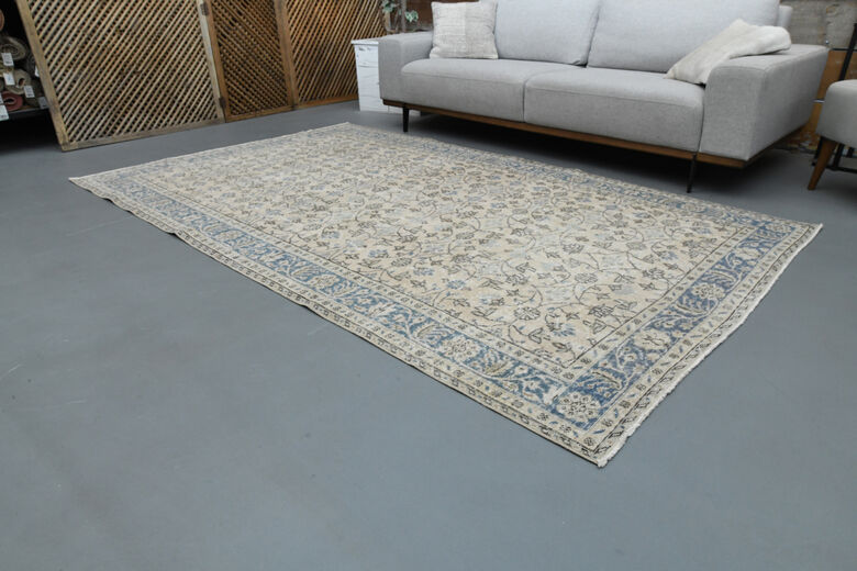 Beige Blue Floral Vintage Turkish Rug