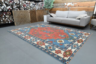 Red Blue Vintage Turkish Milas Rug - Thumbnail