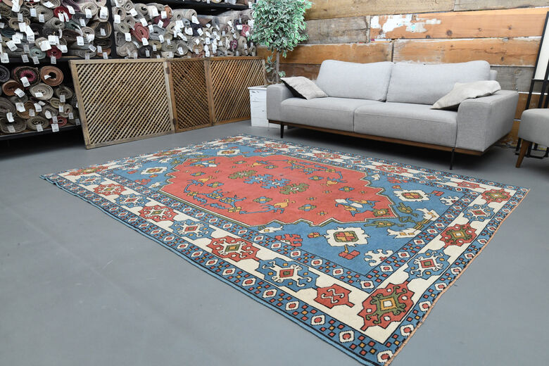 Red Blue Vintage Turkish Milas Rug