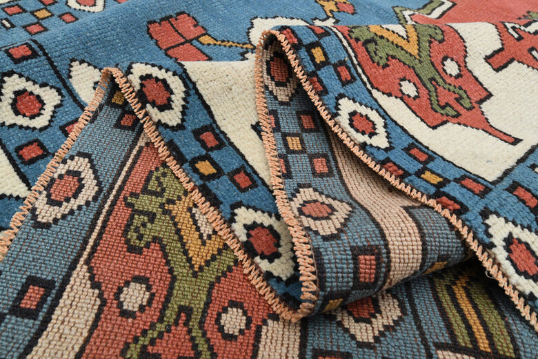 Red Blue Vintage Turkish Milas Rug